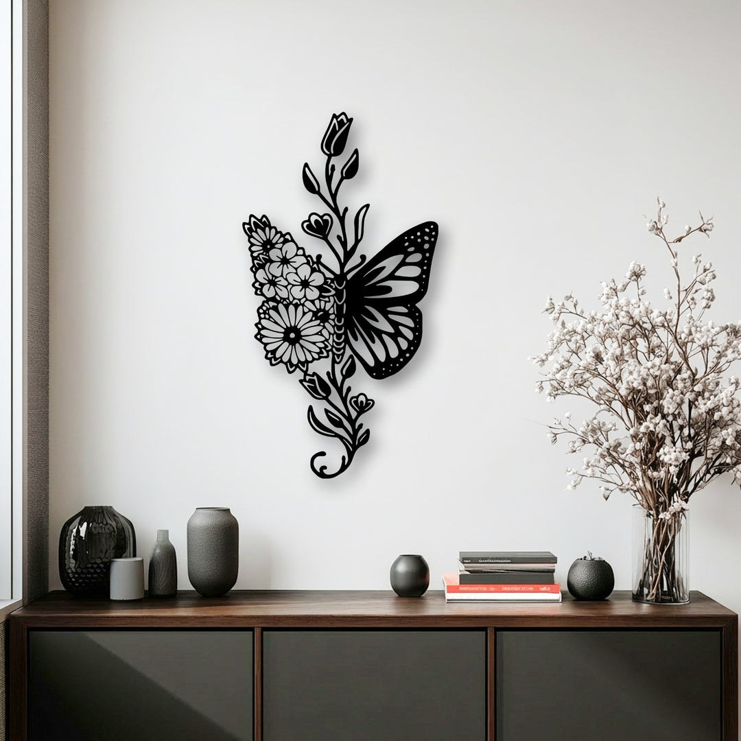 The geometric elements of this elegant Floral Butterfly Fusion metal art for wall feature intricate cutout patterns of a butterfly wing merging with organic florals.