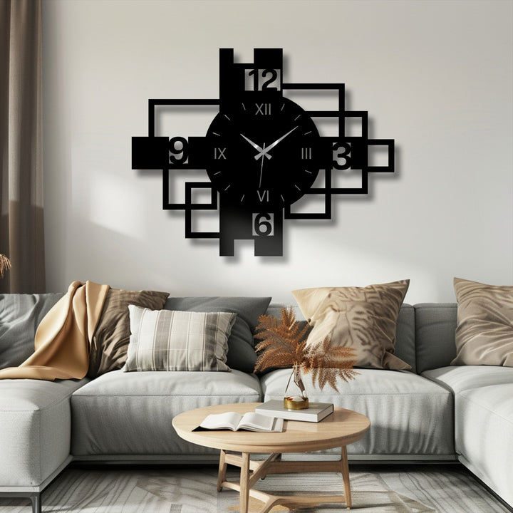 With muted color saturation, the geometric metal art for wall clock showcases a contemporary design with Roman numerals and a square frame.