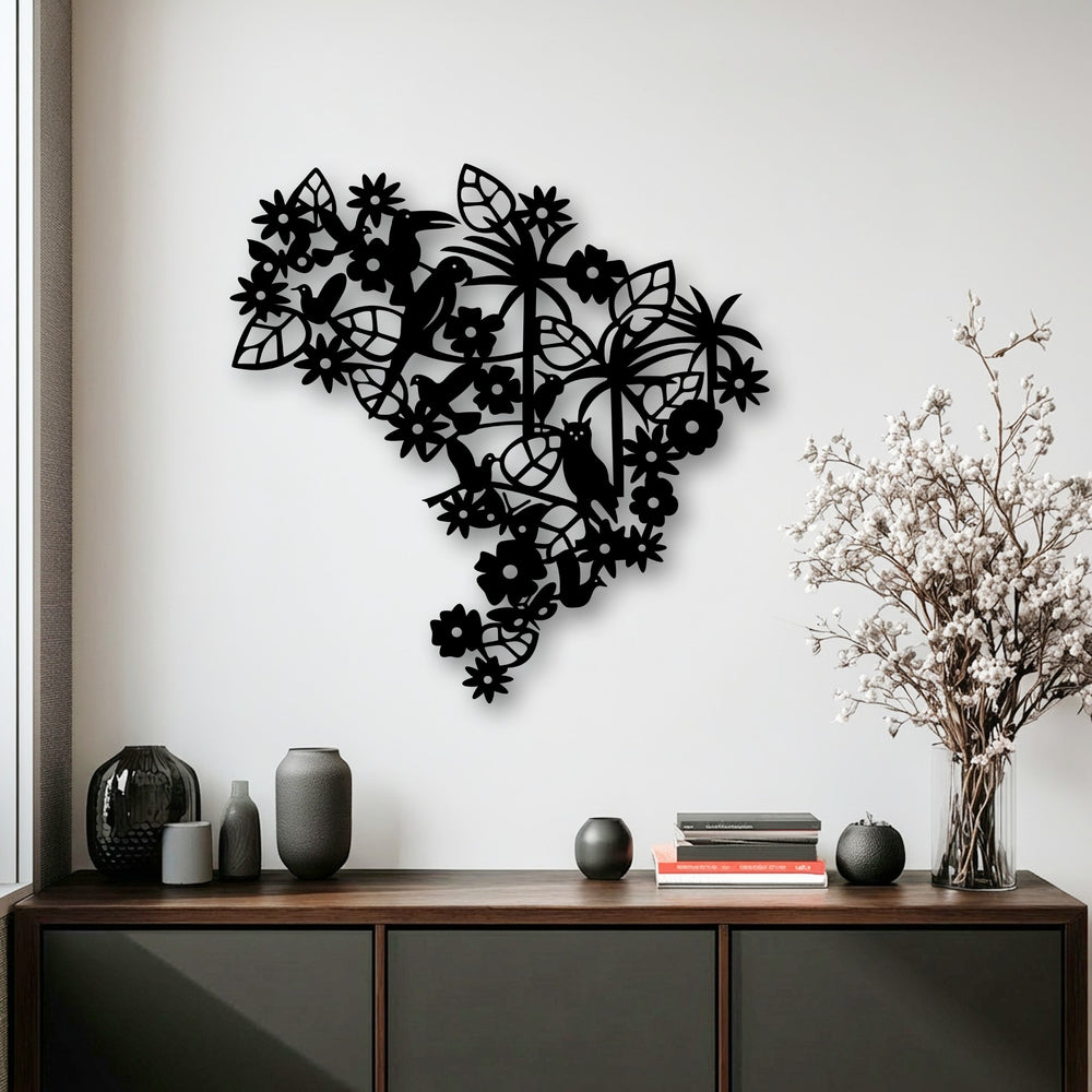 A dark cabinet in the foreground holds elegant vases and white flowers, beautifully complementing the detailed floral bird decorative metal art.