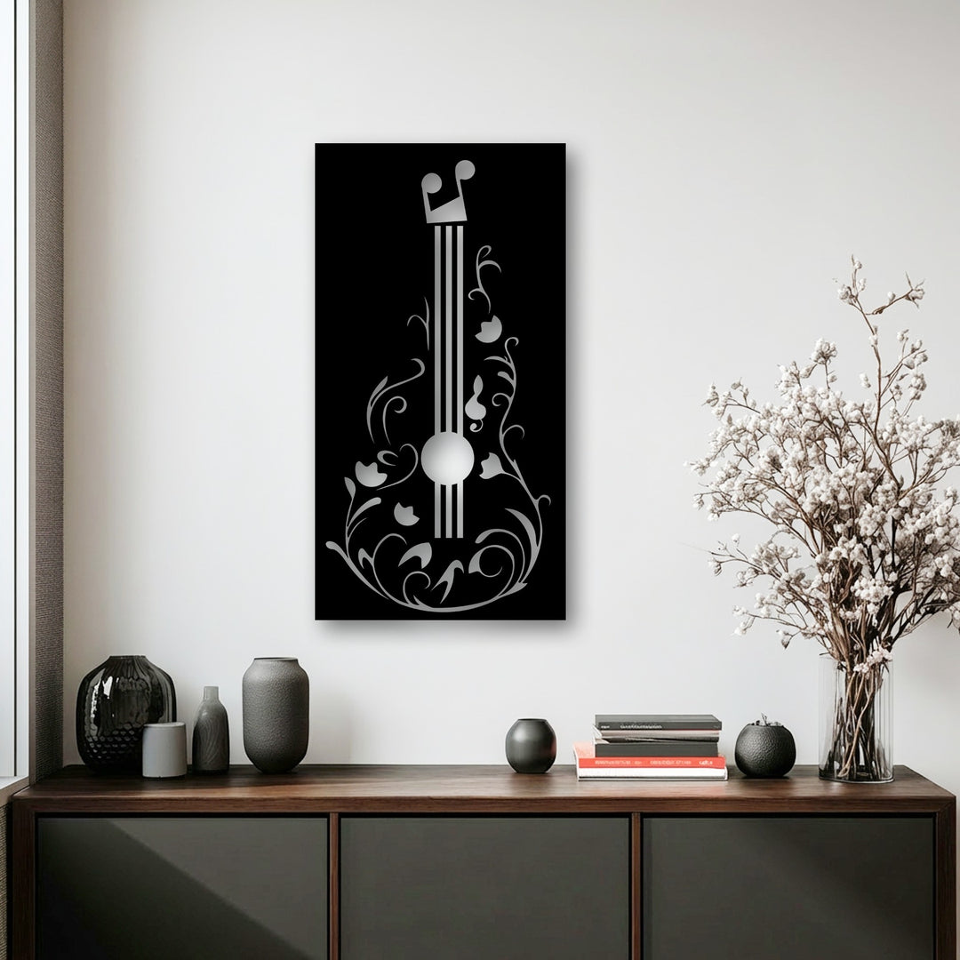 Organic forms comprise an elegant floral guitar design featuring musical notes, forming striking music-inspired metal art for wall.