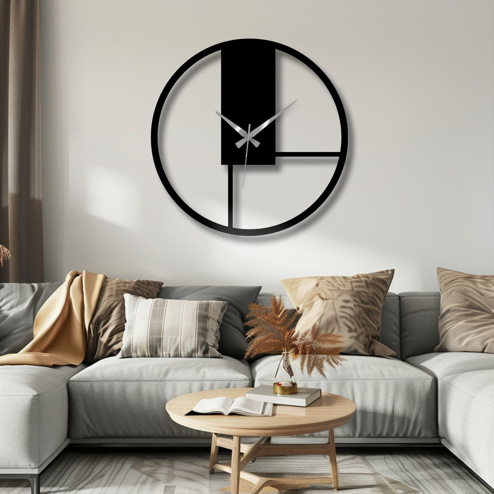 Cool color temperature enhances the modern aesthetic of this minimal geometric panel decorative metal art clock, casting subtle shadows on the wall.