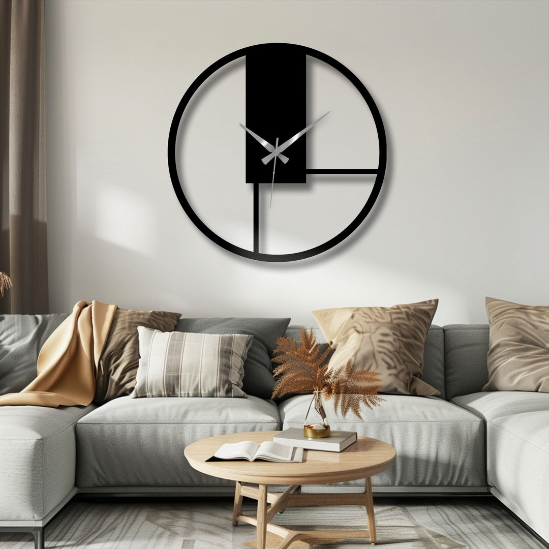 Cool color temperature enhances the modern aesthetic of this minimal geometric panel decorative metal art clock, casting subtle shadows on the wall.