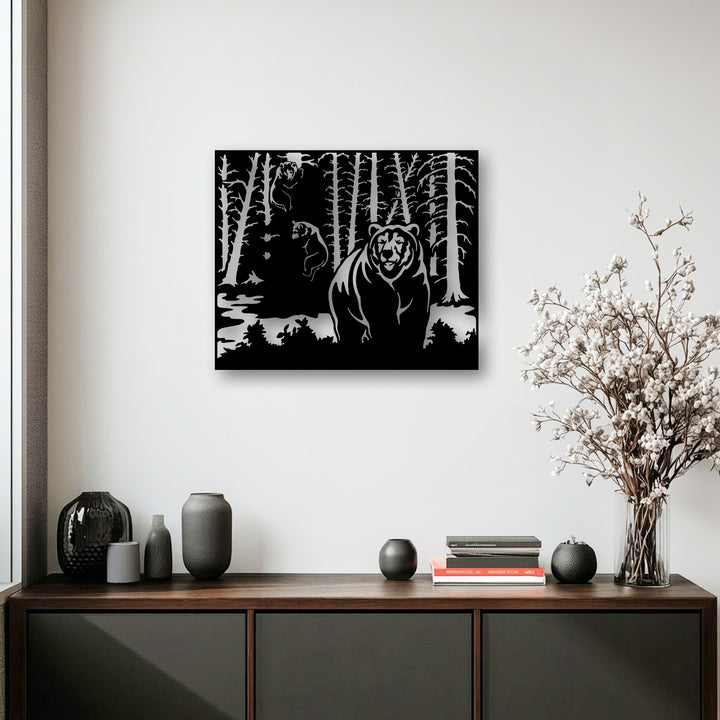 The focal point is the bold wild forest bear, a central figure in the unique metal wall art nature wildlife scene.