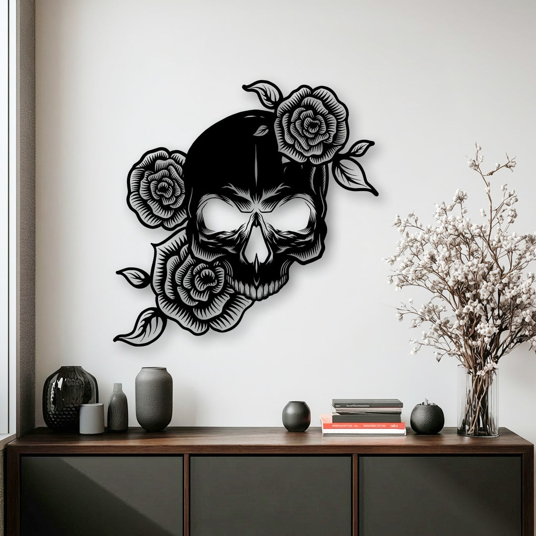 Vertically oriented, this metal artwork showcases an intricately shaped floral skull, adorned with Gothic roses, providing a bold decor statement.
