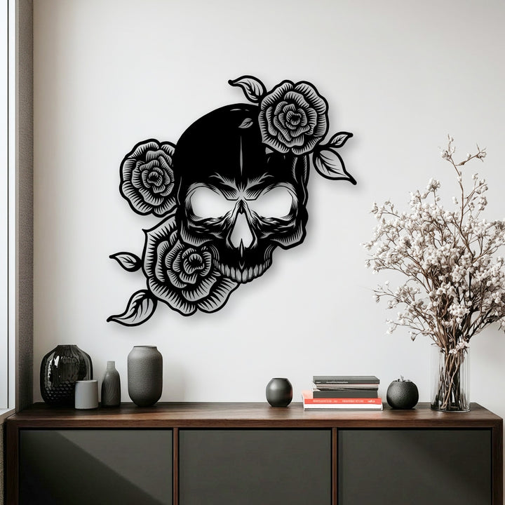 Vertically oriented, this metal artwork showcases an intricately shaped floral skull, adorned with Gothic roses, providing a bold decor statement.