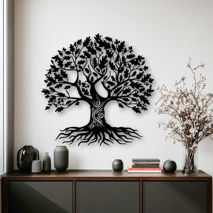 A balanced, slightly cool color temperature accentuates the deep black Tree of Life metal wall art, a captivating piece of metal wall decor.