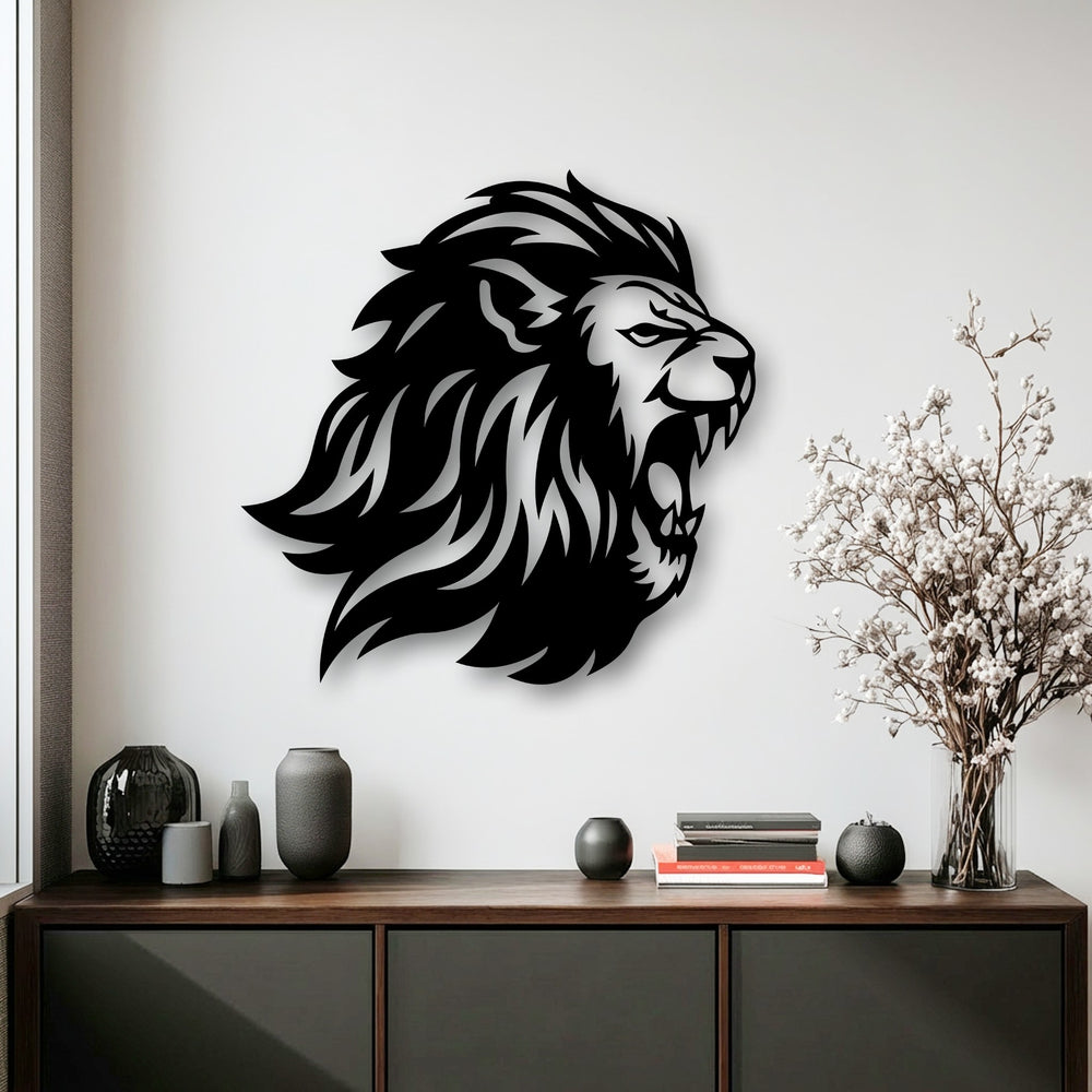 The abstract quality of the roaring lion head unique metal wall art captures bold power with its stylized, modern silhouette.