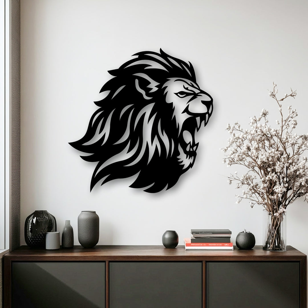 The abstract quality of the roaring lion head unique metal wall art captures bold power with its stylized, modern silhouette.