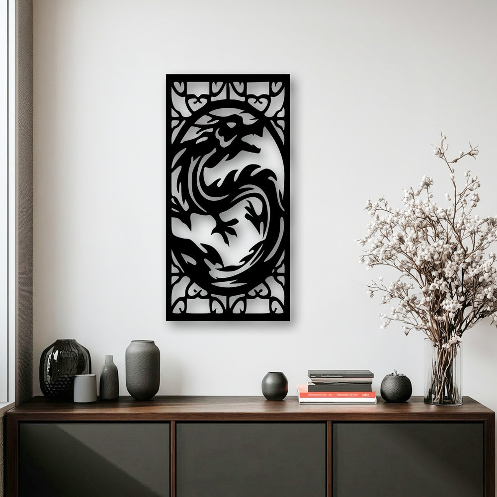 The sleek, matte black finish of the fierce dragon metal decoration wall art creates a striking contrast against the bright white wall.