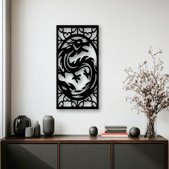The sleek, matte black finish of the fierce dragon metal decoration wall art creates a striking contrast against the bright white wall.