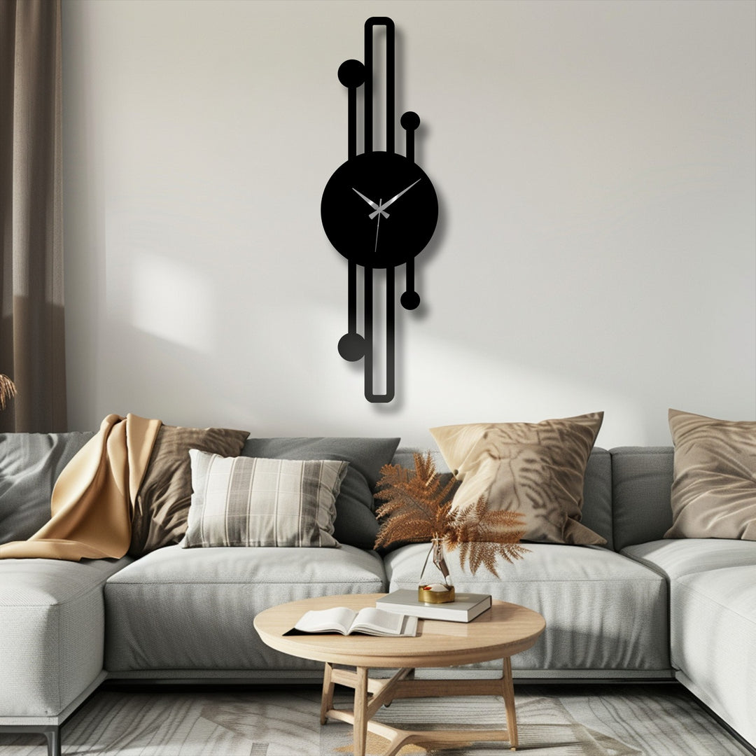 Featuring a smooth, matte finish, the vertical minimalist metal wall clock presents a modern metal wall decor accent with its geometric lines and gold hands.