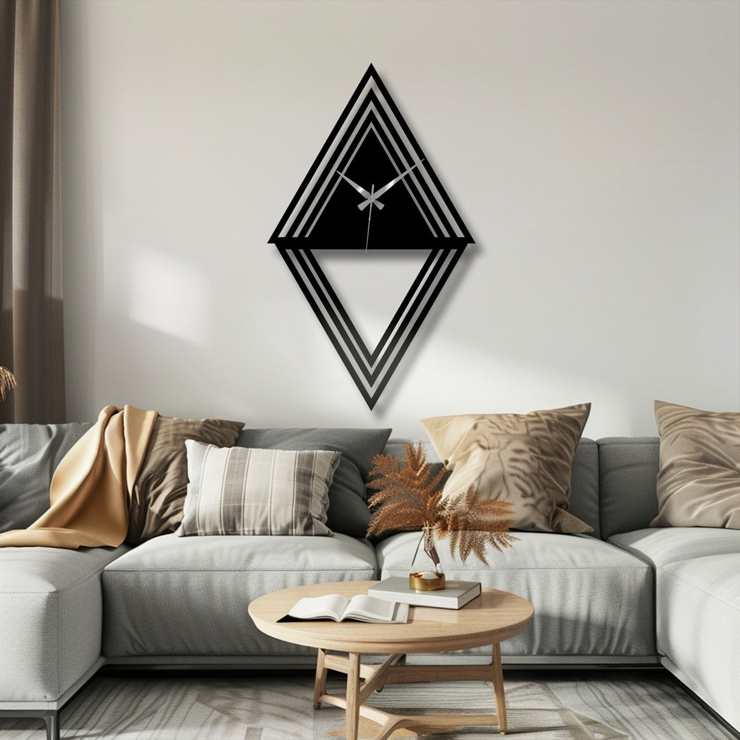 Juxtaposing shades define the layered geometric diamond metal wall clock, creating a striking color contrast in this bold piece of decoration wall art.