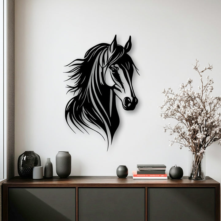 The crisp, distinct edges of the graceful horse head metal decoration wall art create a striking silhouette against the light wall.