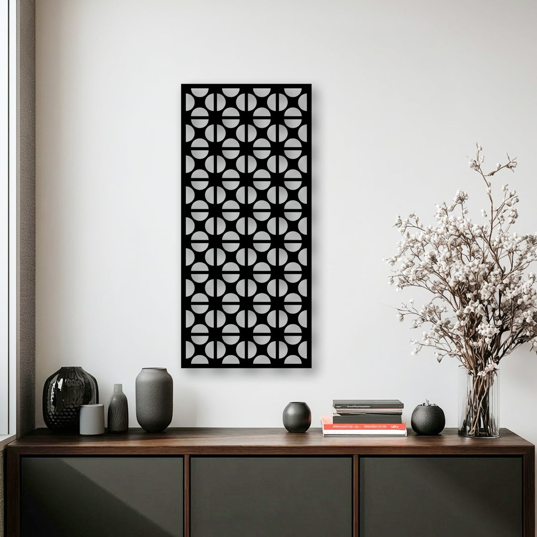 Showcasing a sleek black matte finish, this geometric circle pattern metal art for wall offers a modern minimalist panel design.