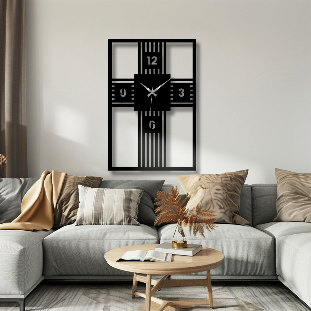 Illuminated by the light, this cross geometry metal artwork wall clock presents a modern and bold design with its distinctive structure.