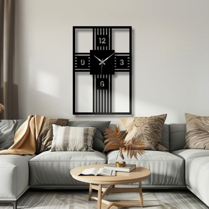 Illuminated by the light, this cross geometry metal artwork wall clock presents a modern and bold design with its distinctive structure.