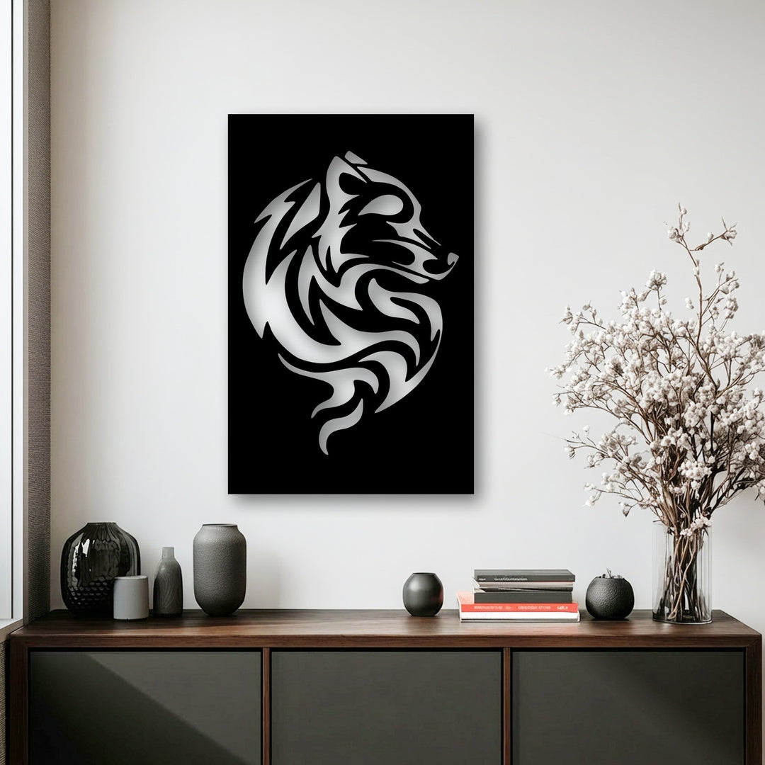 The cool color temperature of the scene emphasizes the striking silver tribal wolf swirl metal art for wall against a stark black background.