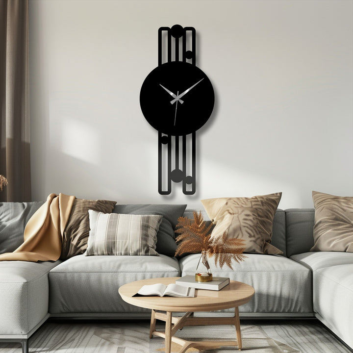 Highlighting the transition between colors, this elegant vertical metal wall clock creates a visually striking piece of decorative metal art with its minimalist geometric frame.