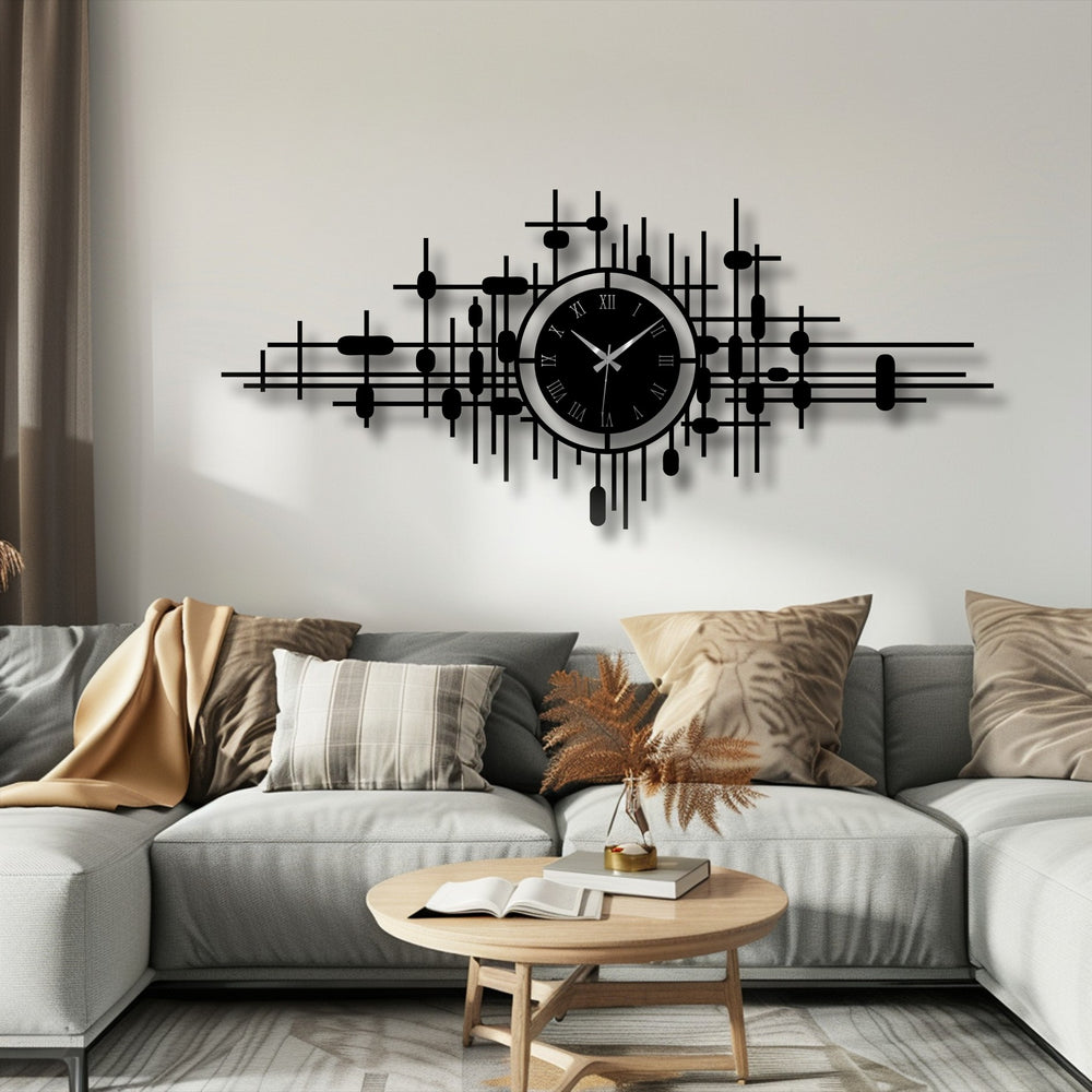 The dynamic grid and geometric details of this modern abstract metal wall clock's metal wall decor create a sense of lively, rhythmic movement.