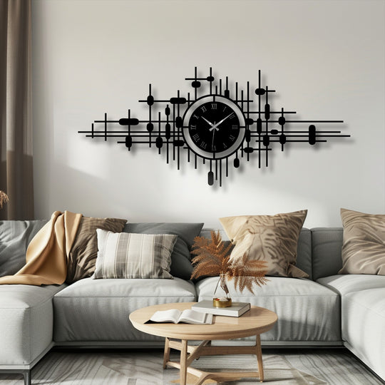 The dynamic grid and geometric details of this modern abstract metal wall clock's metal wall decor create a sense of lively, rhythmic movement.