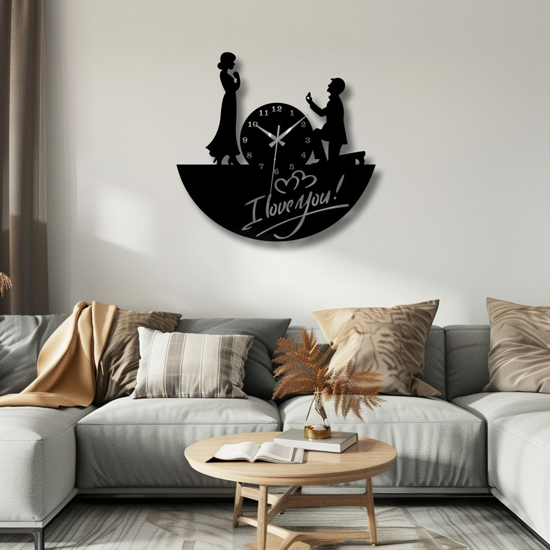 Repeating silhouettes of a romantic couple in this decorative metal art clock create a striking visual rhythm, enhanced by the hands marking time.