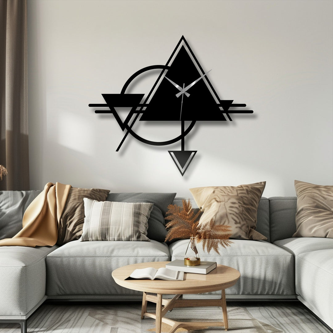 Modern abstract geometric metal artwork clock, featuring triangles and circles, brings a touch of contemporary style to any room.