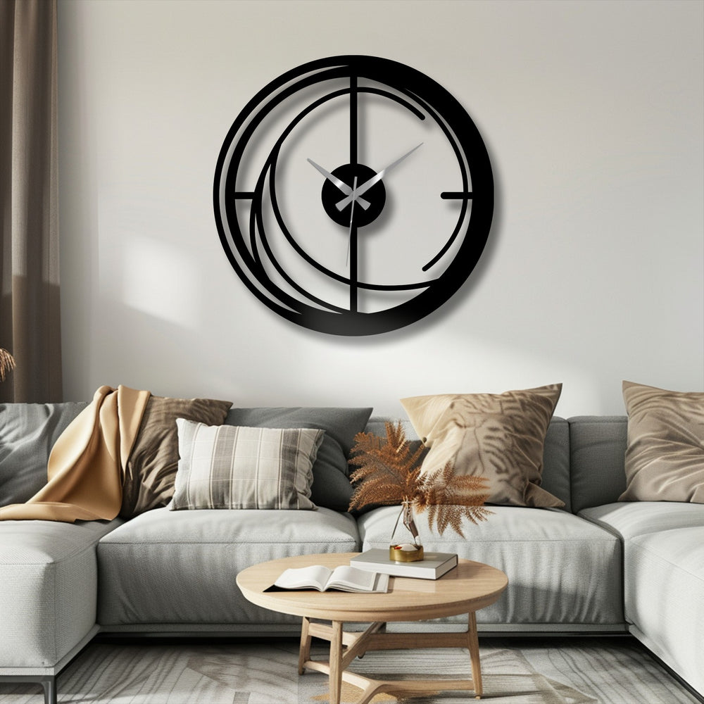 Highlighting the transition between colors, this abstract wall clock is a striking example of unique metal wall art, with spiral details creating a captivating focal point.