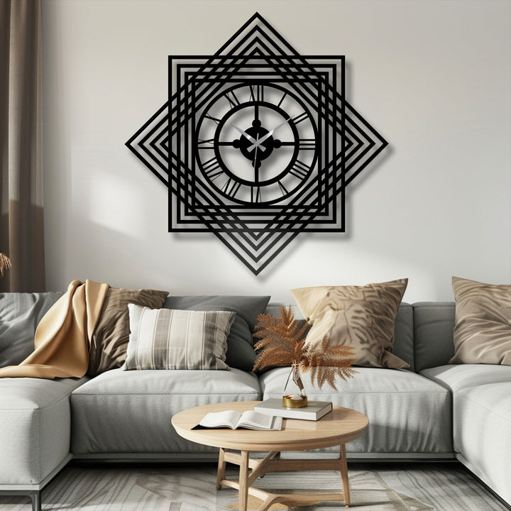 Illuminated by the brightest light, the geometric layered frame of the Roman numeral metal artwork wall clock casts shadows on the wall.