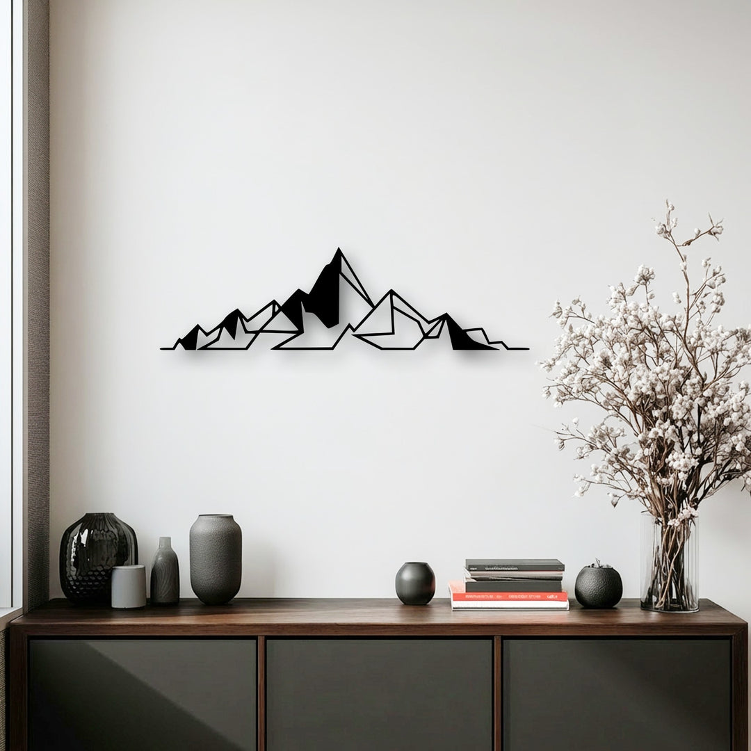 The smooth, matte surface of the geometric metal mountain line decoration wall art creates a sleek, modern visual texture.