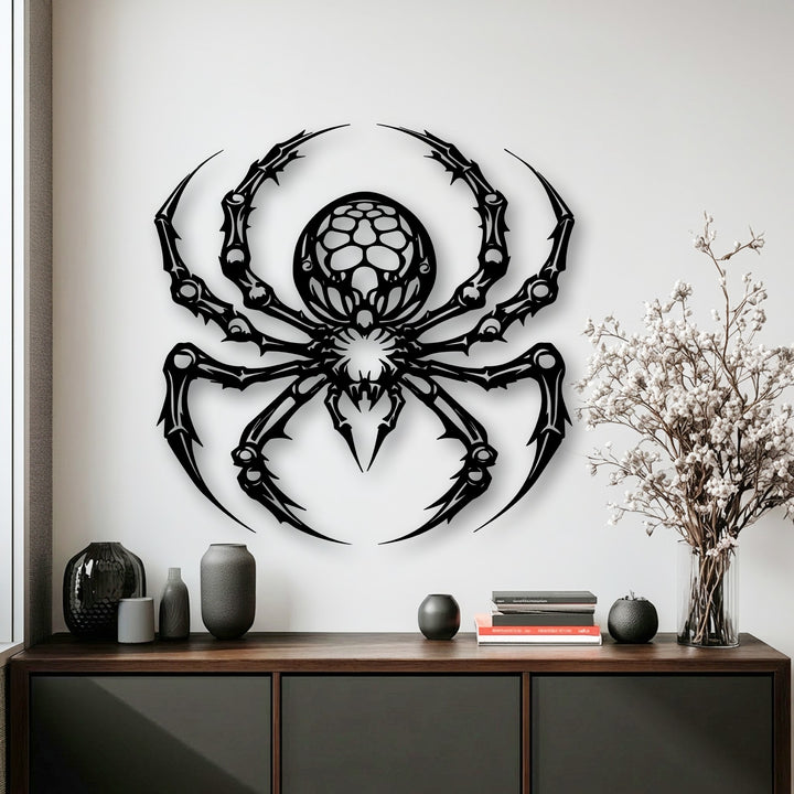 The striking gothic spider metal wall decor showcases intricate depth and overlapping layers, casting subtle shadows on the white wall behind it.