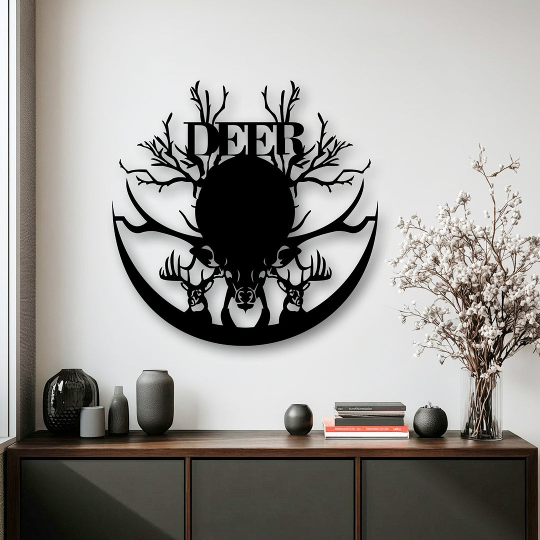 The abstract silhouette of a majestic deer with branching antlers is presented as striking metal artwork against a white wall.