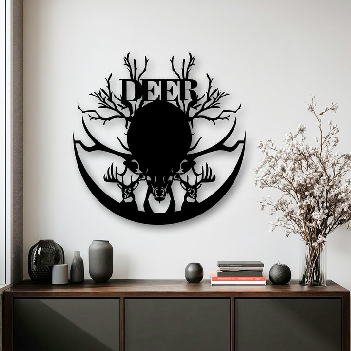 The abstract silhouette of a majestic deer with branching antlers is presented as striking metal artwork against a white wall.