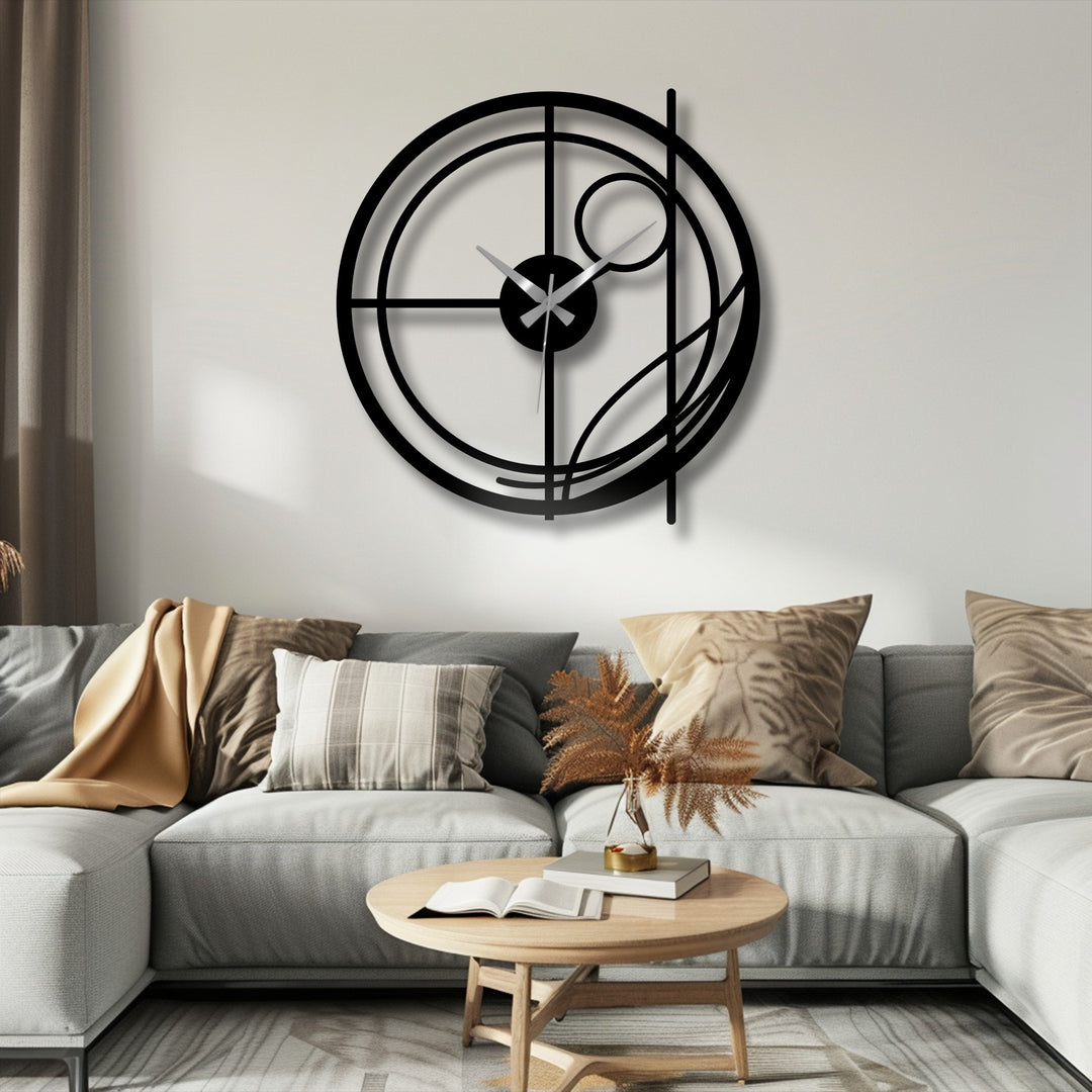 Smooth surface texture defines this metal wall clock, a decoration wall art with abstract, circular lines in a modern geometric design.
