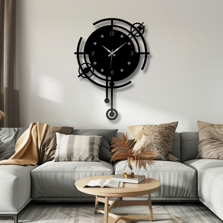 Sunlit wall creates a soft backdrop for the striking decoration wall art of the modern orbit geometric metal wall clock, enhancing the room's ambiance.