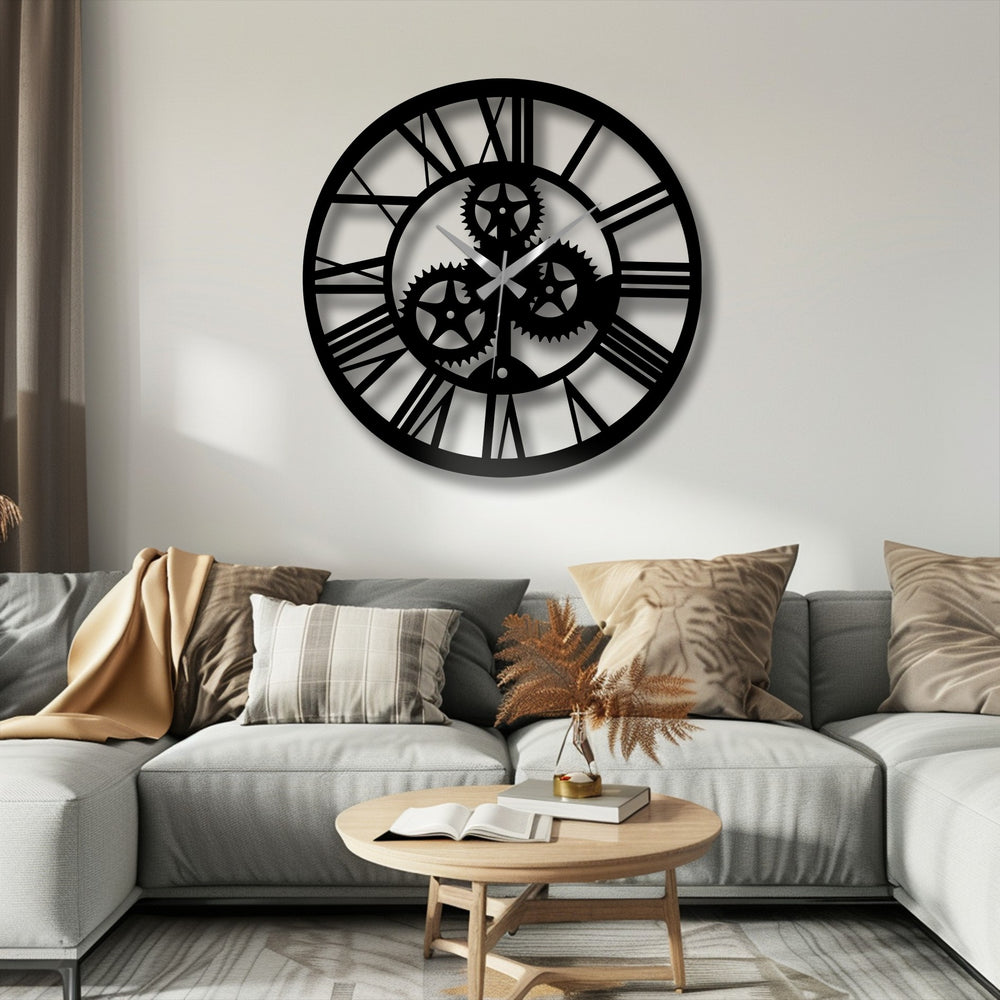 Aesthetic setting showing a black metal art for wall clock with gear details, casting a sophisticated and serene mood in a modern living room.