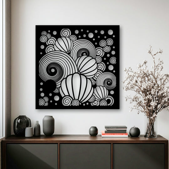 Presenting a monochromatic palette, this unique metal wall art features a striking abstract dream of cosmic balloons and spirals.