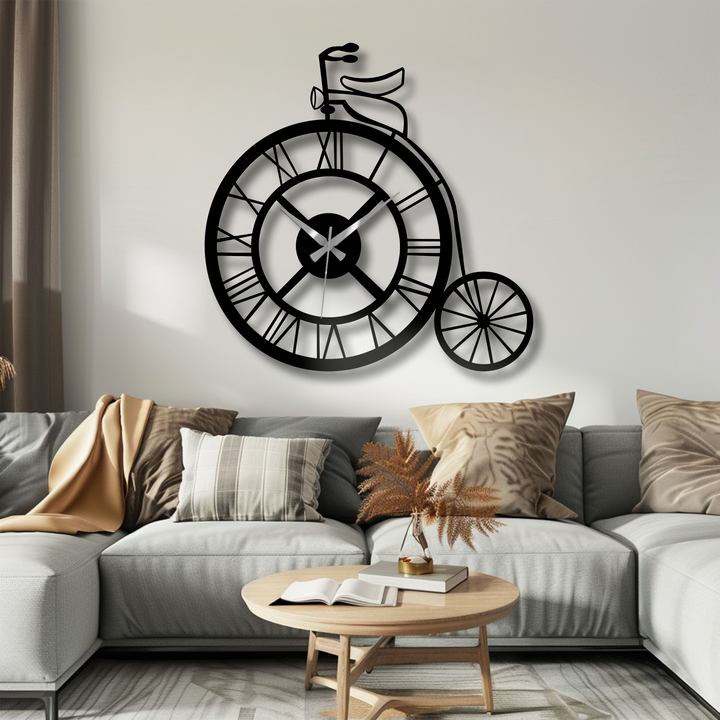 Depth and layers are created by the intricate details of this vintage bicycle metal artwork, showcasing a classic design with a clock face and delicate metal framework.