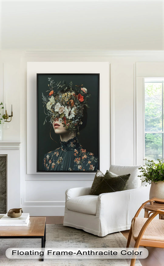 Geometric oil painting art prints are showcased in this portrait where floral design with its symmetrical elements creates a focal point.