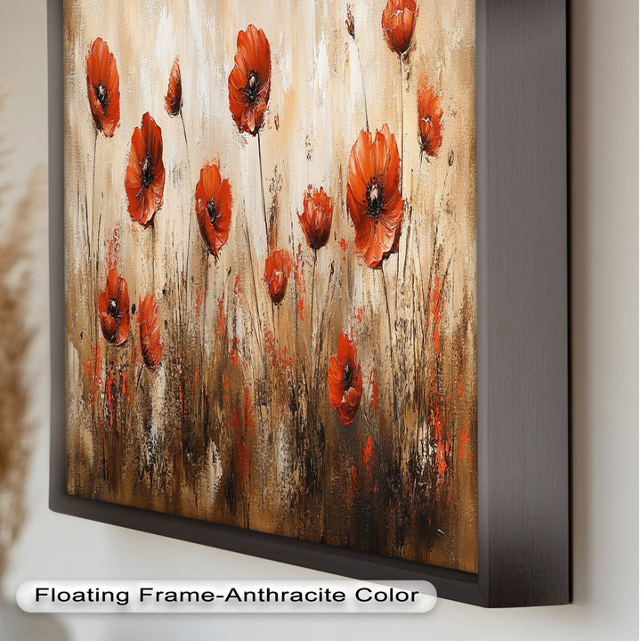 Fiery Meadow – Scarlet Poppies in Earth-Toned Field Flower Oil Painting