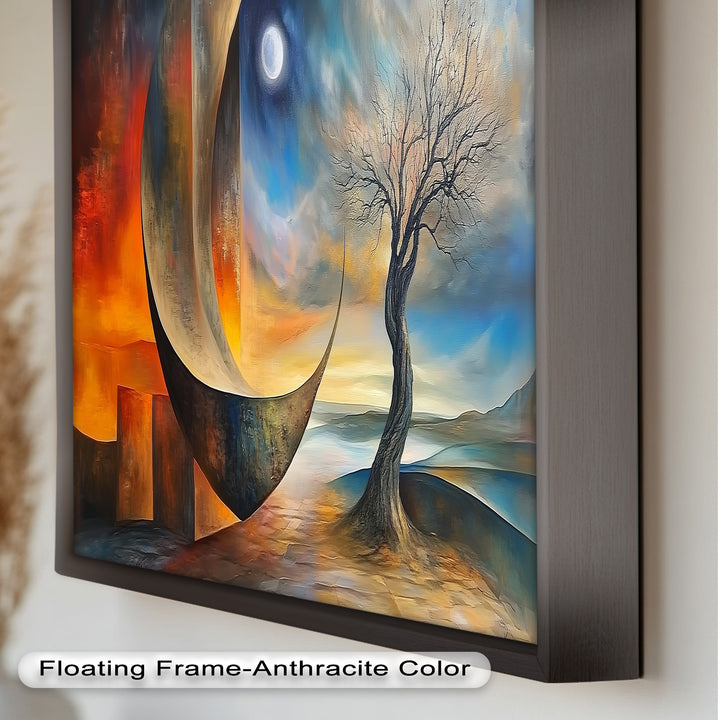 Moonlit Tree and Surreal Horizon - Abstract Oil Painting