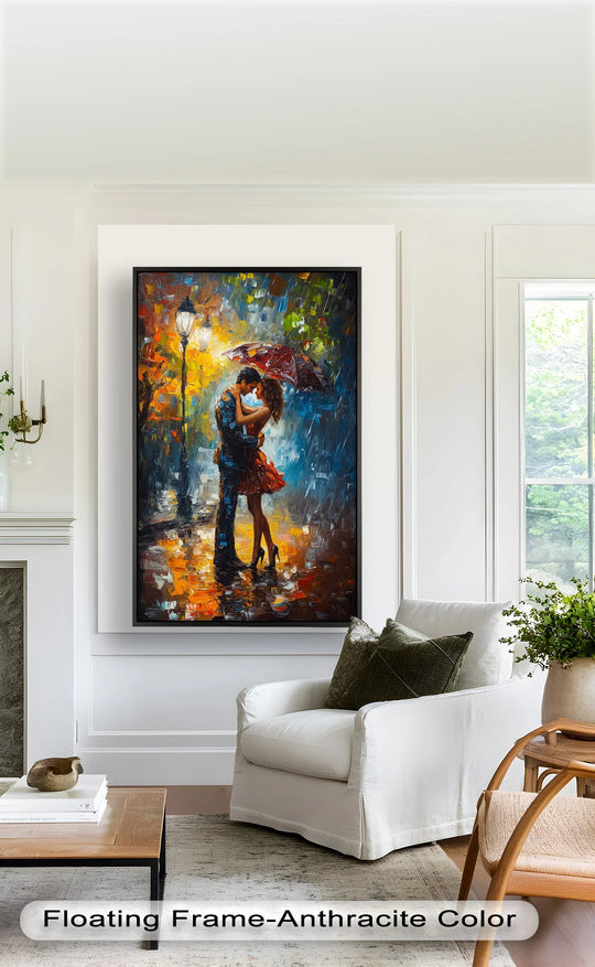 Gleaming most intensely, the streetlight illuminates the loving couple in this romantic evening embrace oil painting, a striking example of oil painting art prints.