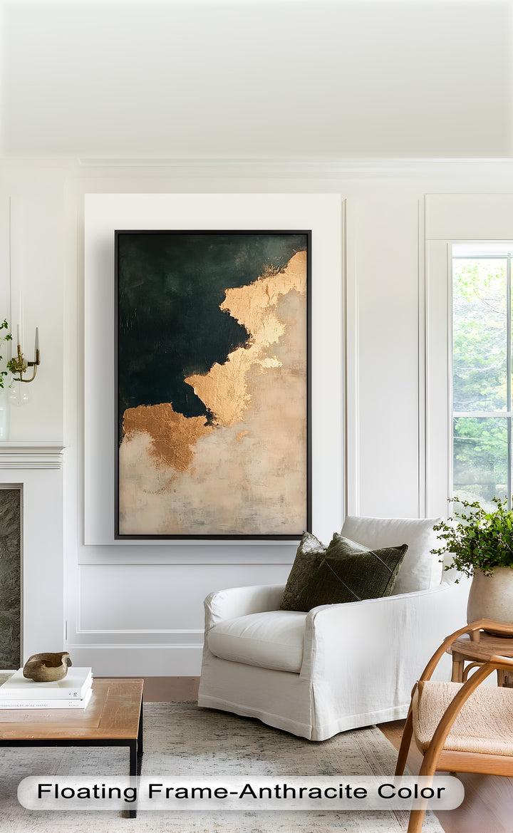 Golden Drift – Minimalistisches abstraktes Ölgemälde in Gold und Dunkelgrün