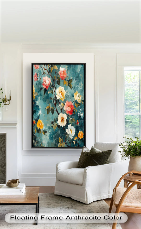 Teal brushstrokes create an abstract backdrop, enhancing the romantic multicolor flower blossoms in this elegant oil painting decoration.