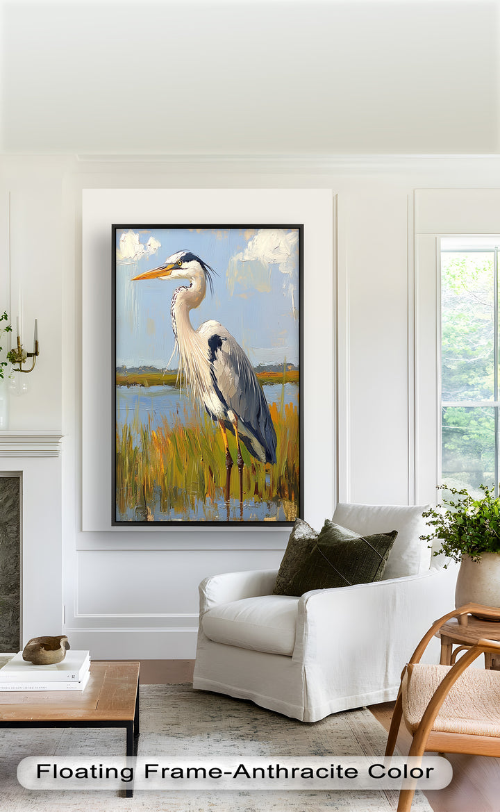 Heron in Sunlit Wetlands – Modern Oil Painting