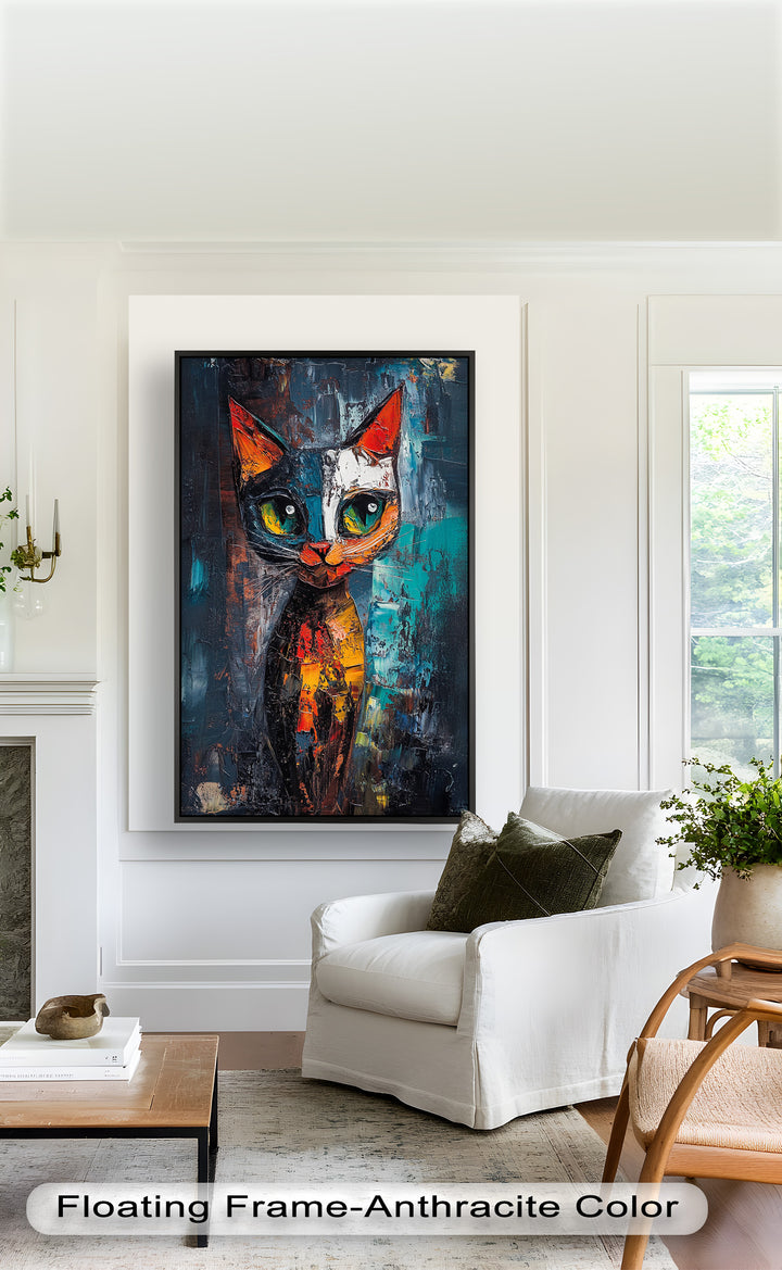 Abstraktes Katzenportrait mit Neonfarben - Tierölgemälde