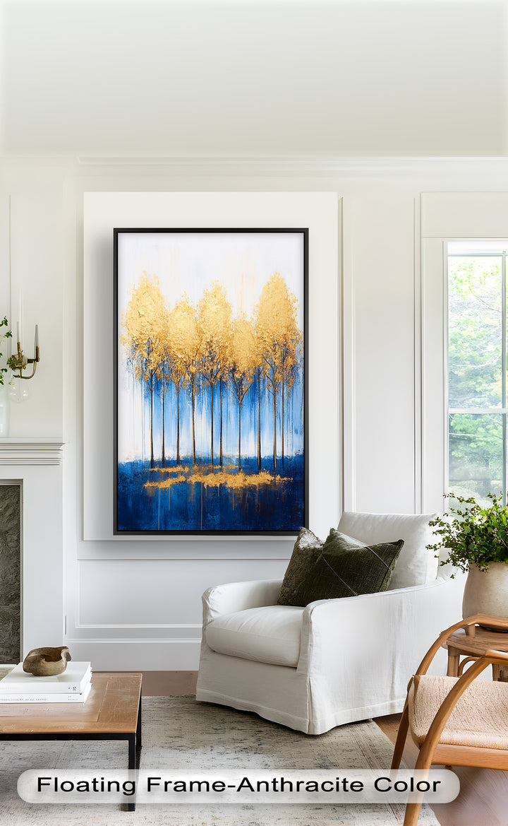 Goldene Bäume am blauen Horizont - Abstraktes Ölgemälde