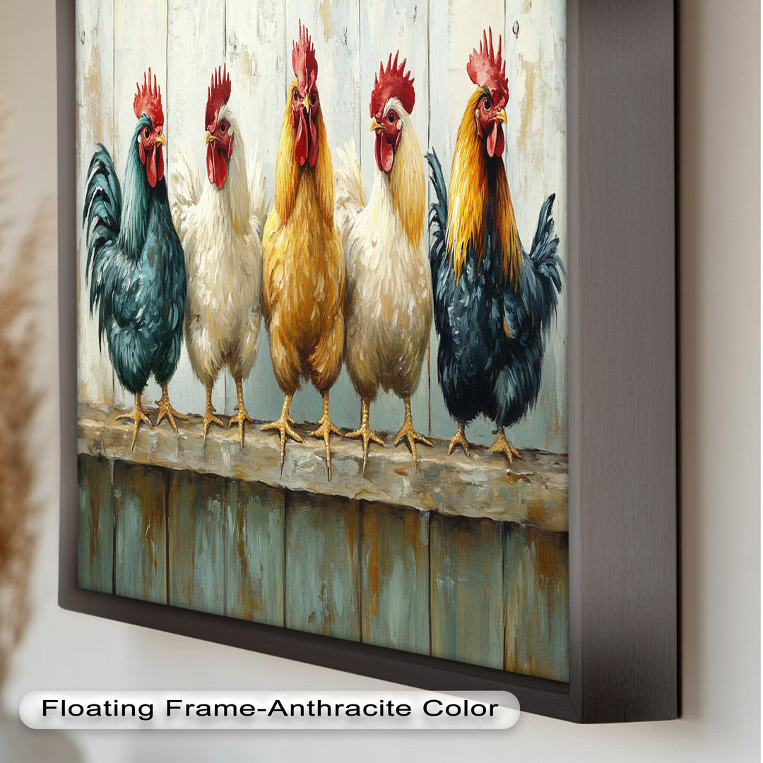 Colorful Roosters on a Wooden Fence – Animal Oil Painting