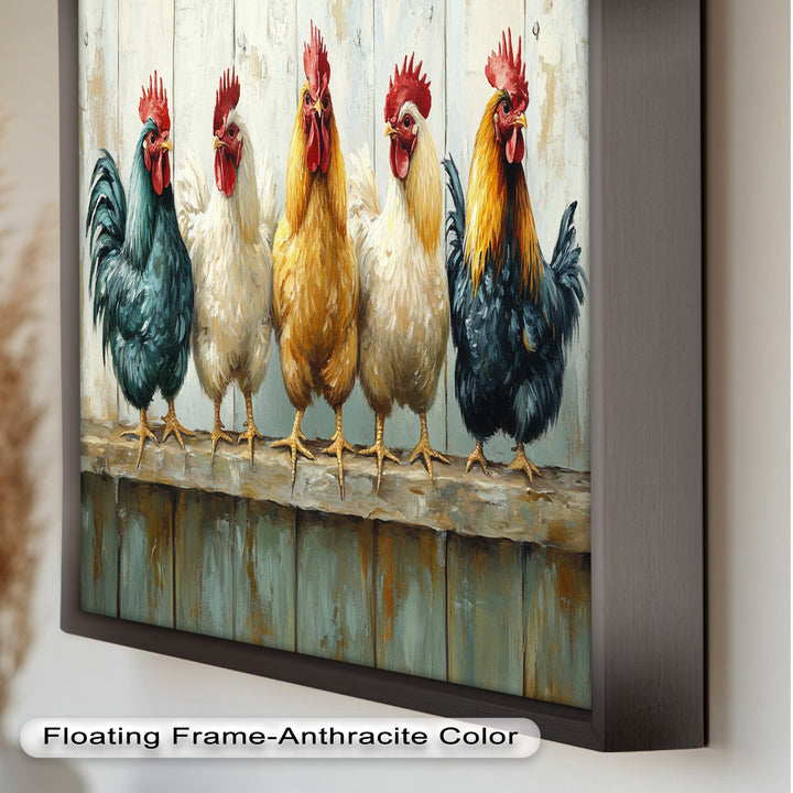 Colorful Roosters on a Wooden Fence – Animal Oil Painting