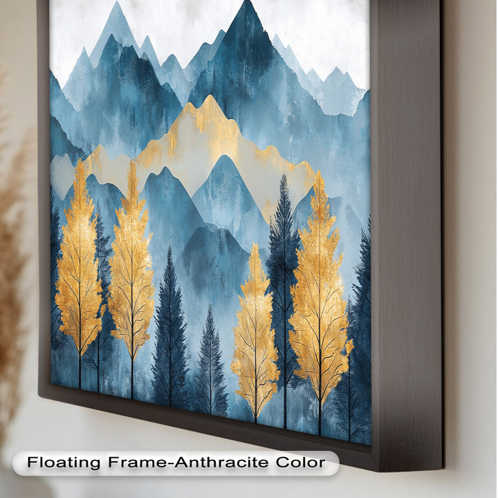 Blaue und goldene Aquarell-Berglandschaftskunst – Atemberaubende Ölgemälde