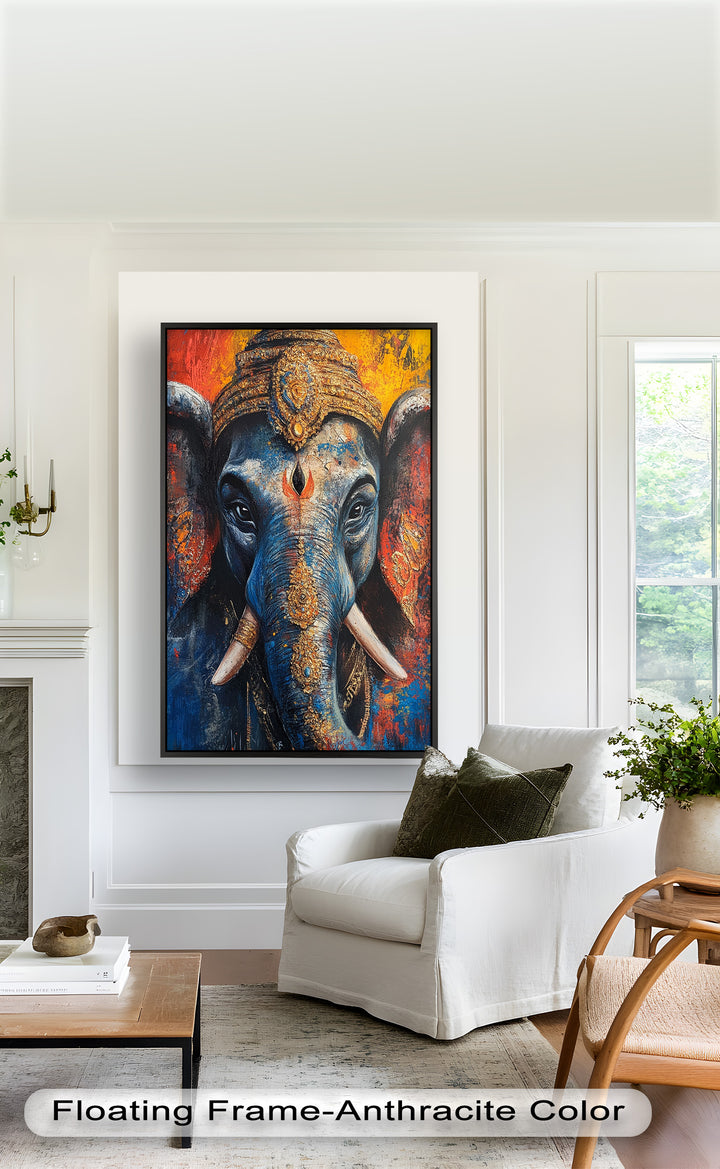 A powerful and modern interpretation of Ganesha, showcasing divine presence through vibrant colors and decorative elements.